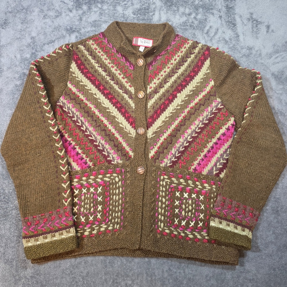Vintage Newari Icelandic Design Hand Knit Wool Cardigan Sweater Brown Pink L/XL